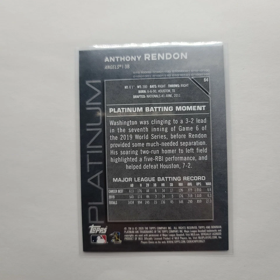 Anthony Rendon 2020 Bowman Platinum #64 Icy Foil Parallel Los Angeles Angels - Image 3 of 3