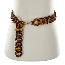 Brown Leopard Tortoise Shell Resin Chain Linked Skinny Boho Concho Belt Necklace