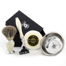 Men Shaving Set In Ivory Color Best Badger Hair Brush + Safety Razor Bowl & Soap