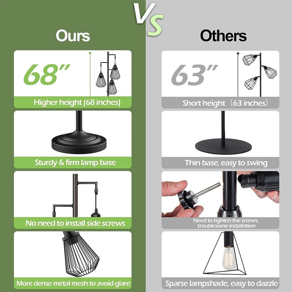 Lámpara de pie con 3 pantallas de lágrima - Lámpara de árbol rústico de 68" para sala de estar - Negra Foto 4 de 4