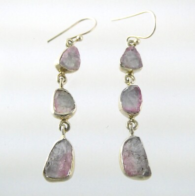 Sterling Silver Pink and Green Rough Cut Tourmaline Dangling Hook Earrings 925