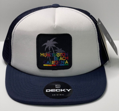 Decky Snapback Flat Bill Mesh Hat Cap White/Navy Huntington Beach California NWT
