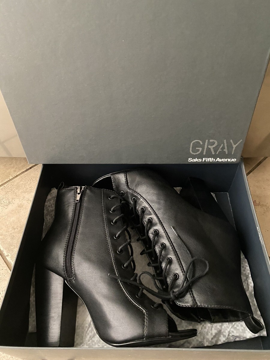 Saks Fifth Avenue Black Leather Lace up Ankle Boots with Peep Toe Size 8.5 View 4