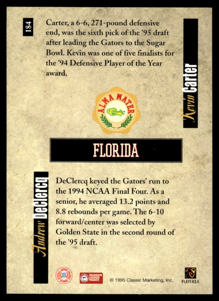 1995-96 Classic 5-Sport #184 Andrew DeClercq/Kevin Carter Florida Gators - Image 2 of 2