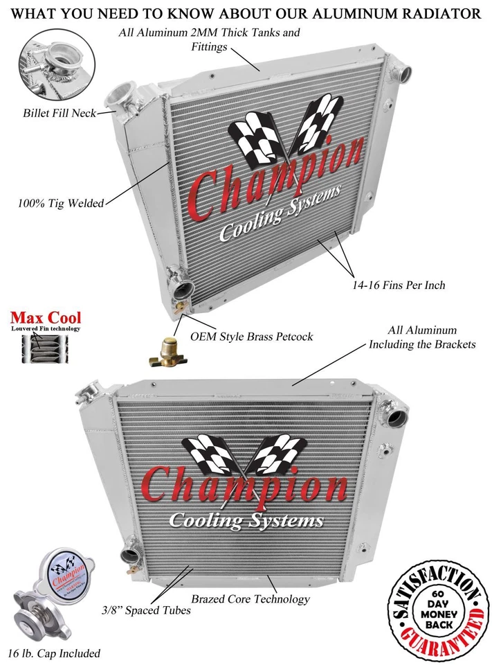 Radiador RS Champion 4 filas para Ford Bronco Ford V8 1966-1977 conversión #MC522 Foto 3 de 4