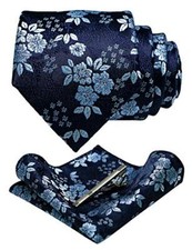 Floral Necktie and Pocket Square Tie Clip Sets for Men Navy/Light Blue