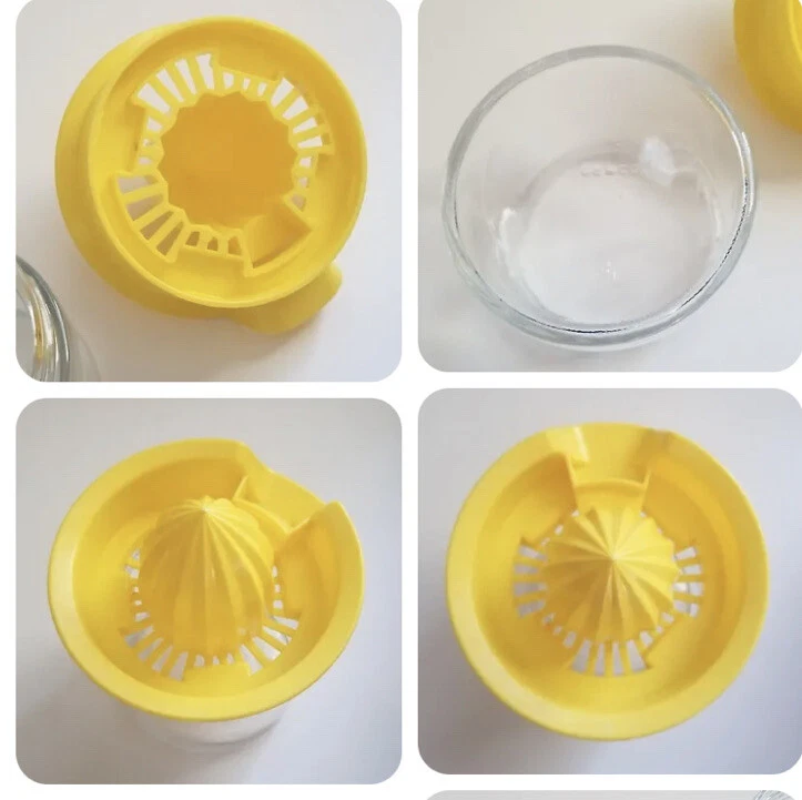 Exprimidor de limón vintage tapa amarilla con base de tarro de vidrio Gemco capacidad 12 oz EE. UU. Foto 4 de 4