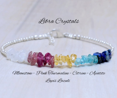 Libra Crystals Bracelet Sterling Silver, Zodiac Sign Astrology Jewelry