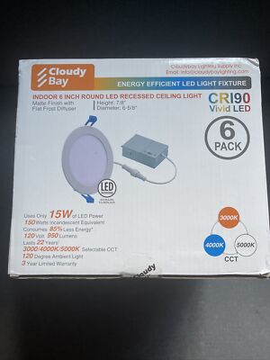 Cloudy Bay 6 inch 3000K/ 4000K/ 5000K Three Color Temperature Selectable, Dimmab