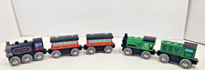 5 HAPE WOODEN TRAIN RAILWAY GERMANY GREEN ENGINE AND CAR BLACK AND RED