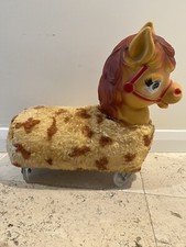 Rubber Face Horse Ride On Plush Toy Wheels Spotted Pony Rare Vtg 60s Mid Century