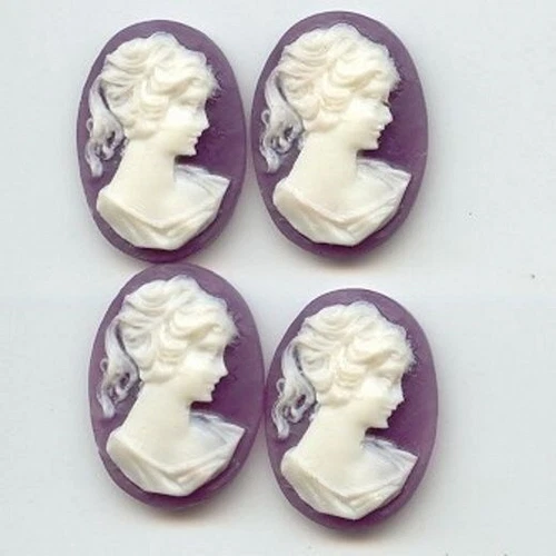 6 VINTAGE PURPLE VICTORIAN LADY HEAD PONY TAIL ACRYLIC 25x18mm. OVAL CAMEOS C52 - product listing photo