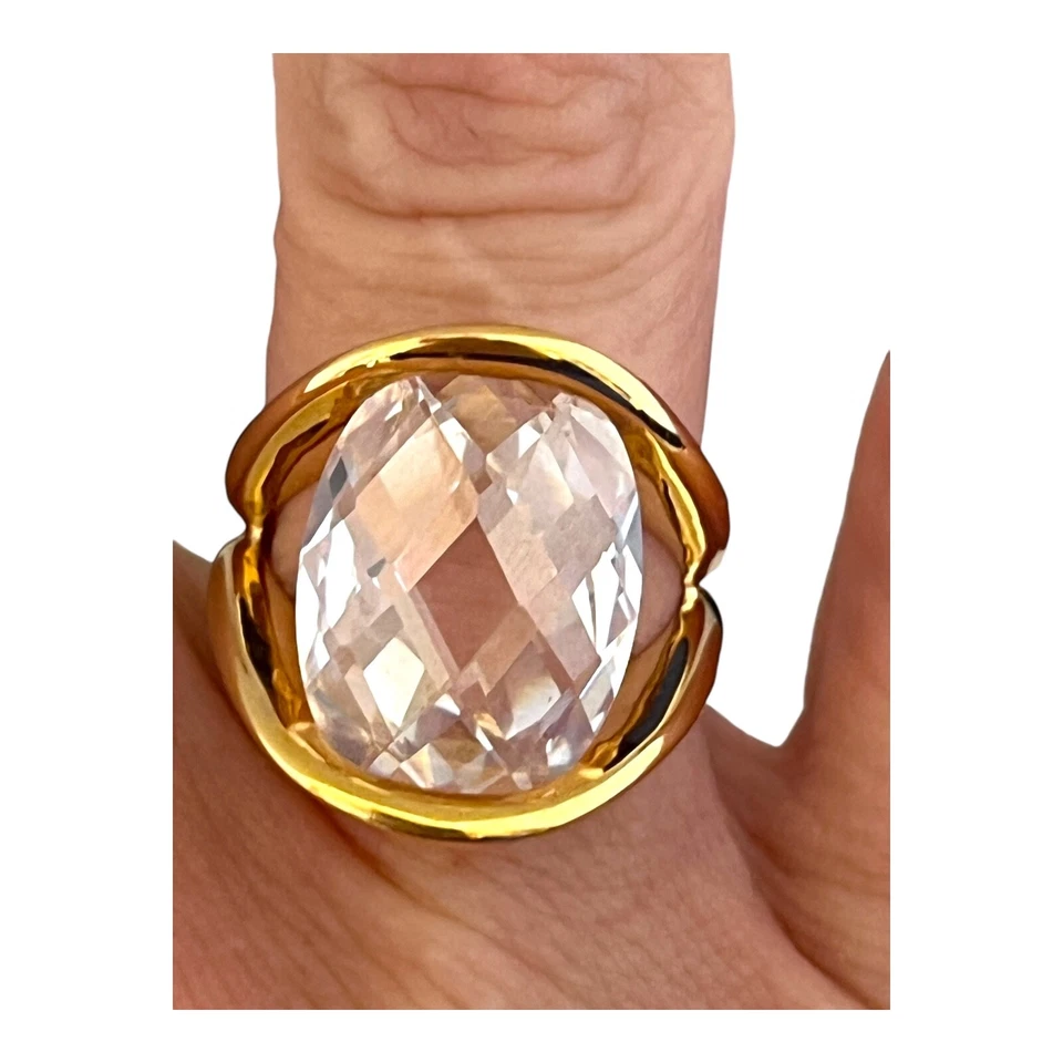 Nuevo Anillo Cóctel Cristal Talla 7 Grande Piedra Facetada Tono Dorado 9W Foto 3 de 4