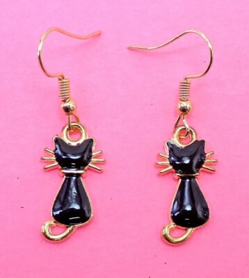 Black Cat Earrings in black enamel and with a gold trim, fashion cat ears  New