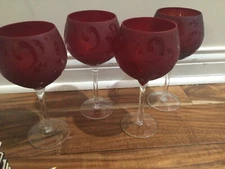 Coldwater Creek etched floral ruby red baloon glasses set of four mint 8.5''