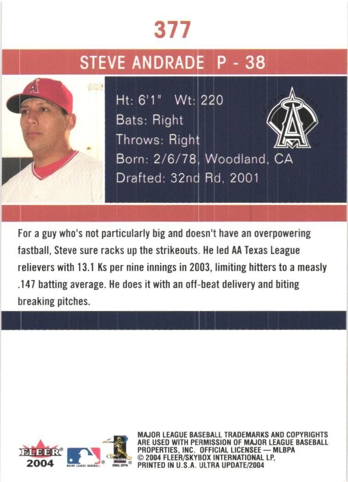 2004 Ultra #377 Steve Andrade Anaheim Angels Rookie Card - Image 2 of 2