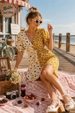 ASOS Floral Twist Front Mini Dress Yellow Daisy Puff Sleeve Cotton Size 14 B2