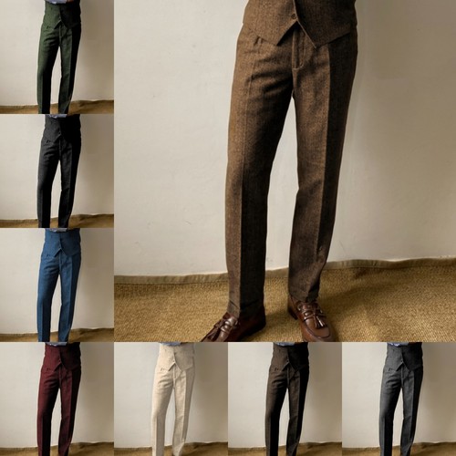 Mens Tweed Dress Pants Slacks Retro Wool Blend Adjustable Herringbone Trousers