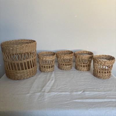 Vintage MCM Korbgeflecht Rattan Boho Glashalter Korbhülsen geflochten Set