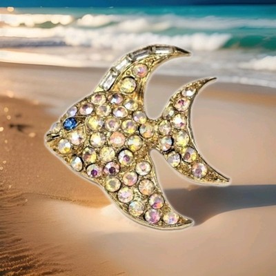 Vintage ANGEL FISH Aurora Borealis Rhinestone & Gold Tone Brooch PIN