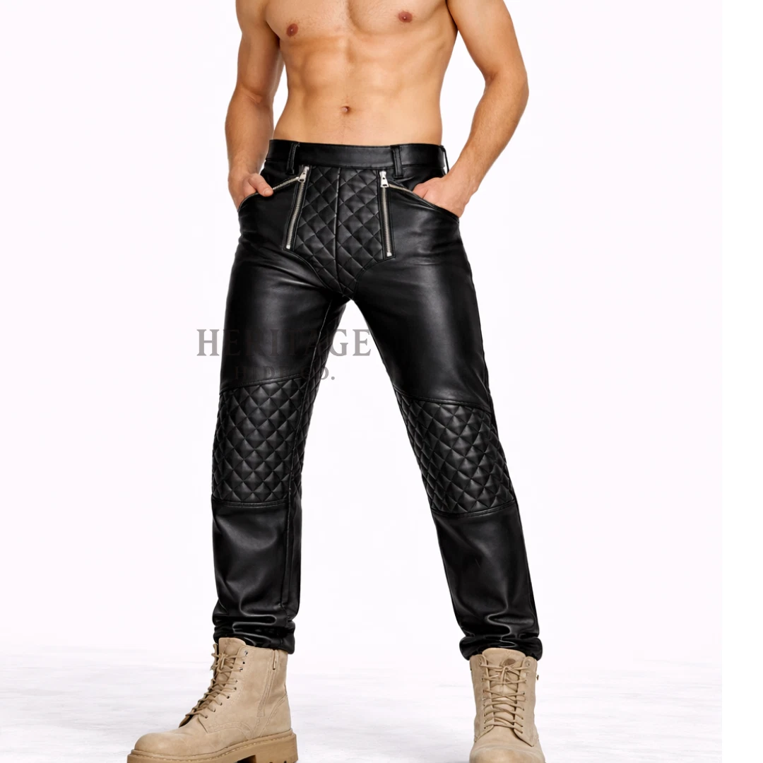 Mens Black Quilted Leather Biker Pants Moto Slim Fit Trousers Zip