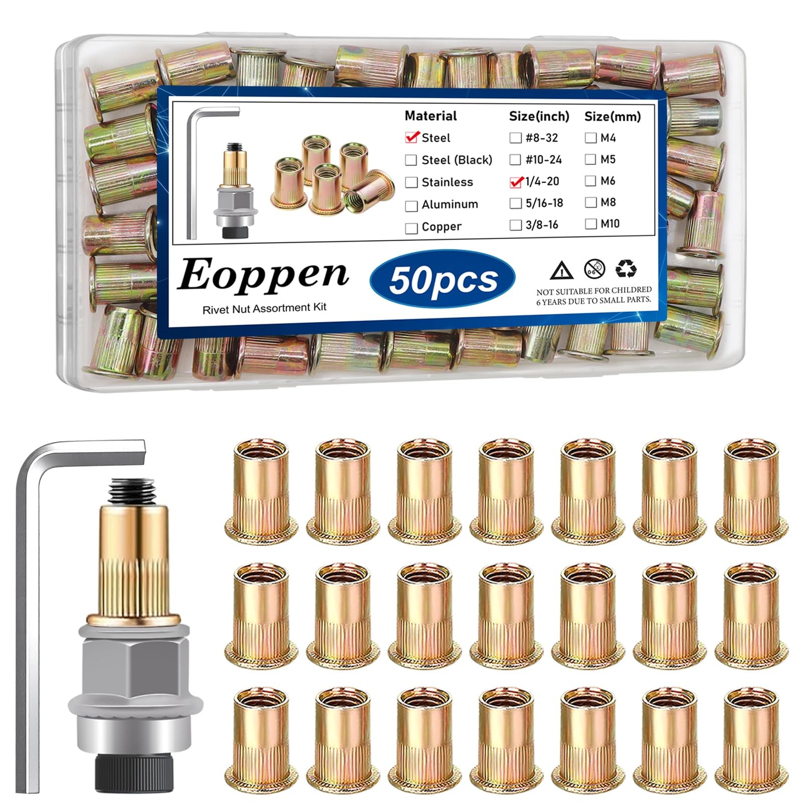 Eoppen 50Pcs 1/420 Rivet Nuts with Hand Rivet Nut Tool, Carbon Steel Flat Hea...