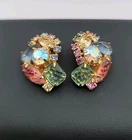 Vintage Rhinestone Art Glass Clip On Earrings Gold Tone Pastel Costume Jewelry