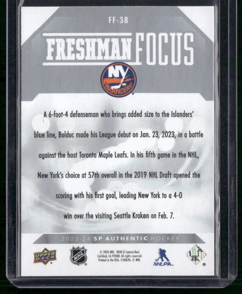 Samuel Bolduc 2023-24 SP Authentic #FF-38 Freshman Focus New York Islanders - Image 2 of 2