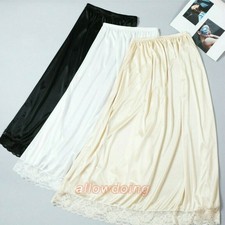 Lady Satin Skirt Petticoat Long Slips Lace Underskirt Faux Silk Big Swing Casual