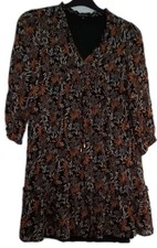 Ladies Floral Print Long Sleeve Tie Neck Smock Style Dress Size 12
