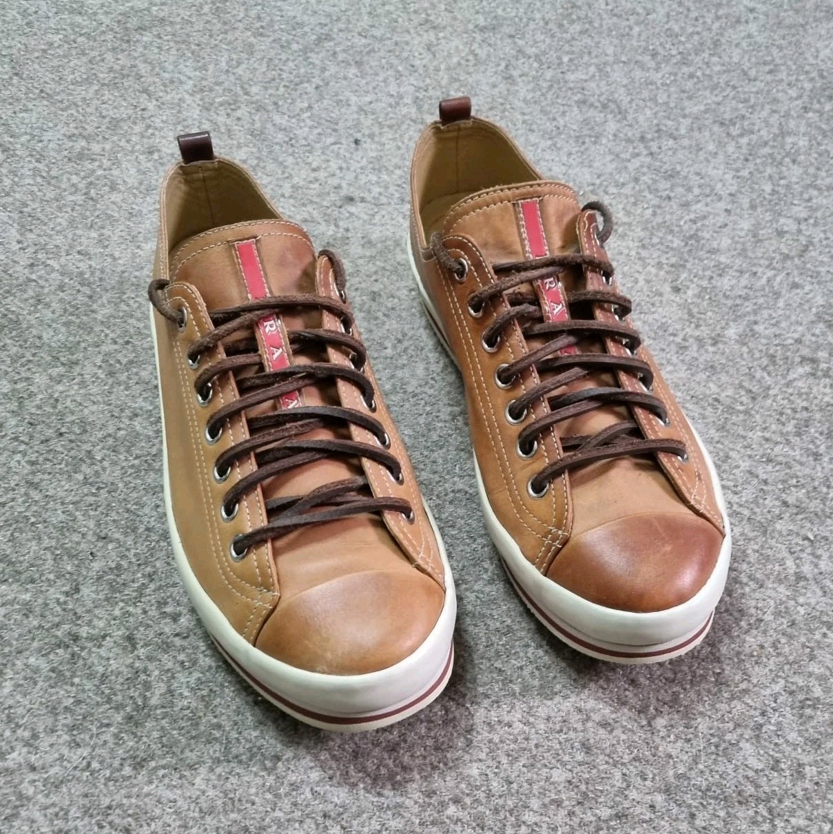 PRADA Linea Rossa Men Shoes Tan Leather Luxury Sneakers Prada Camel Brown 8 US thumbnail 12