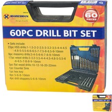 60PC DRILL BIT SET WOOD HSS MASONRY HEX KEY DRILLING IN CASE KIT DIY TOOLS BITS