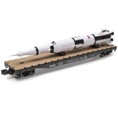O Scale Flatcar with USA Saturn V Rocket, Train Car Real, Wood Composite Deck