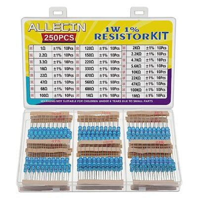 25 Values 1W Metal Film Resistor Kit from 1 Ohm to 1M Ohm 1 Watt 1% Resistors