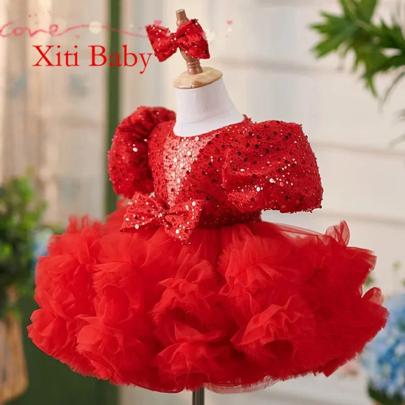Glitter Girl Dress Ruffles Short Sleeves Cute Baby Tutu Party Gown Prom Dress - Image 3 of 4