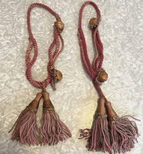 Pair (2) ANTIQUE DRAPERY TWISTED CORD ROSETTE & TASSEL TIEBACK LOOPS PINK BROWN