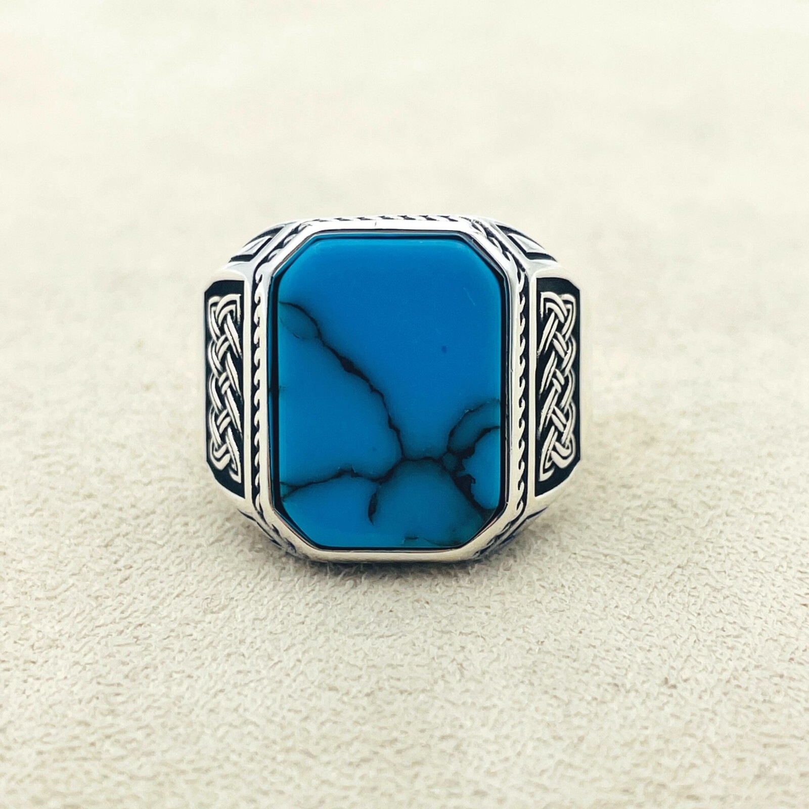 Men's Silver Ring, Blue Turquoise Stone Ring ,925K Sterling Silver,Men
