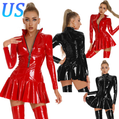 Womens Sexy Costume Zipper Dress Mini Clubwear Lingerie Latex Jumpsuits PVC