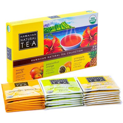 Hawaiian Natural Tea Organic Tropical Fruit Sampler Green Tea Blends