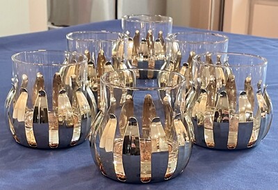 6 Vtg The Guild Gold Metal Prongs Coasters w/ Whiskey Rock Glasses MCM 10oz
