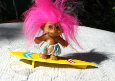 Vintage Russ Surfer Dude Troll-Pink Hair Doll On Yellow Surf Board-Hang Loose