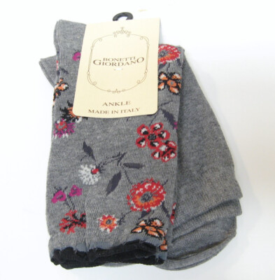 2 Pr Bonetti Giordano Italy Cotton Blend Ladies Trouser Socks Grey Floral Solid