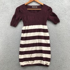 ZARA Sweater Dress Womens Small Burgundy Red Puff Short Sleeve Knitted Striped