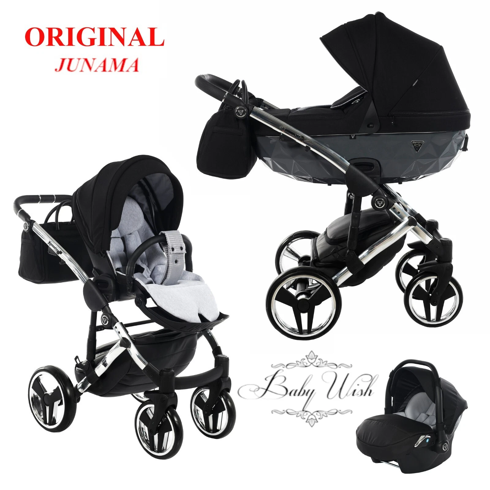 JUNAMA DIAMOND S LINE V2 BABY STROLLER PRAM 3in1 CARRYCOT + PUSHCHAIR + CAR SEAT