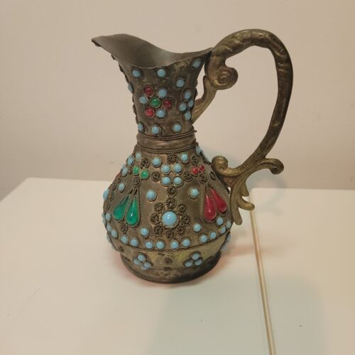Vintage Ornate Jeweled Bead Inlay Bronze Ewer / Vase - Picture 1 of 8