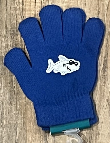 Boys Blue Shark Beanie Snow Hat & Gloves 2 Piece Set One Size - Picture 2 of 3