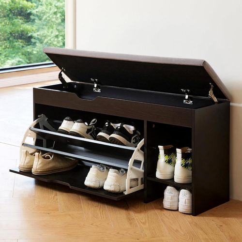 Shoe Storage Bench 3-Tier Entryway Organizer with Cushion & Flip Drawer Black - Picture 8 of 12