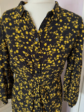 Hush Button Through Midi Shirt Dress Black & Yellow Floral Pattern UK 10 Spring