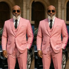 Men's Pink 3 Piece Suit Slim Fit Groom Tuxedo with Side Stripe for Wedding Party