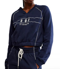 FREE PEOPLE FP MOVEMENT MIDNIGHT NAVY SEEING DOUBLE LOGO SWEATSHIRT TOP SZ S